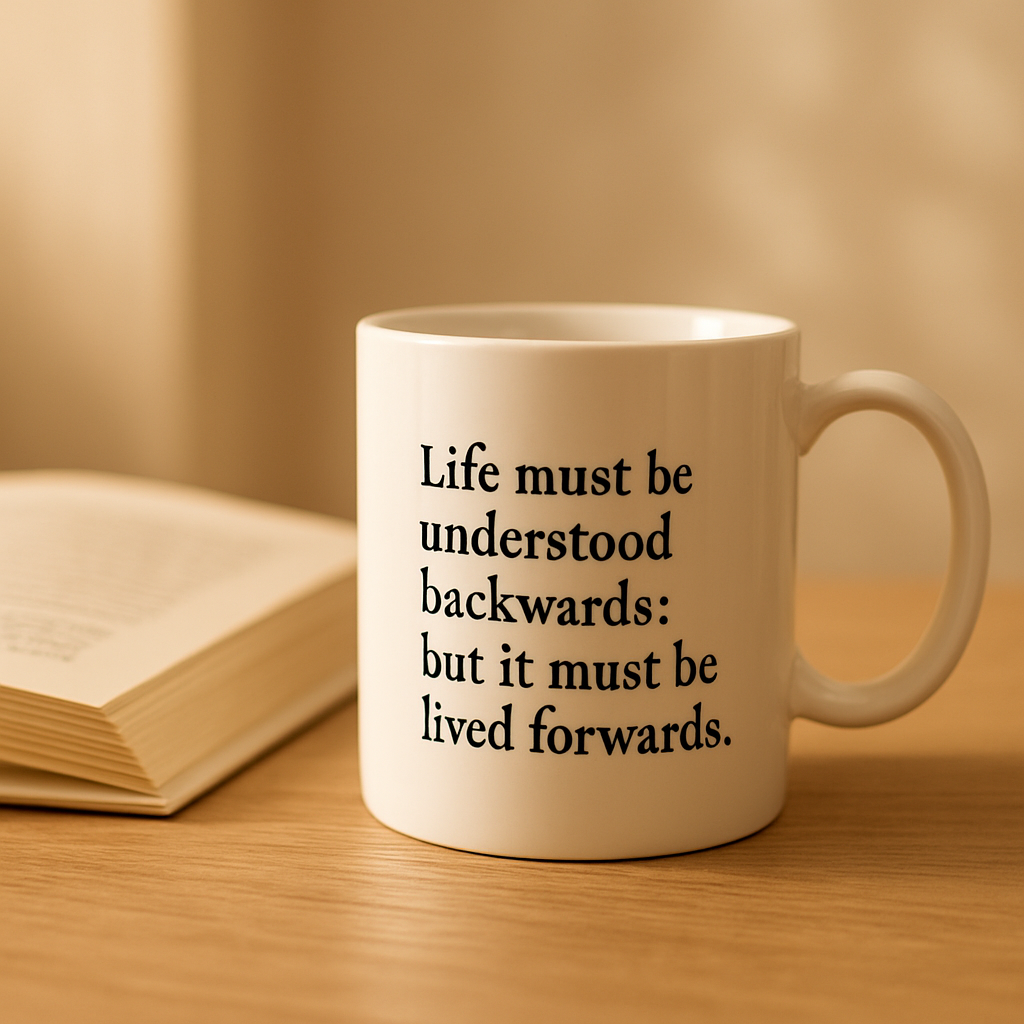 Caneca filosófica sobre uma mesa de madeira ao lado de um livro