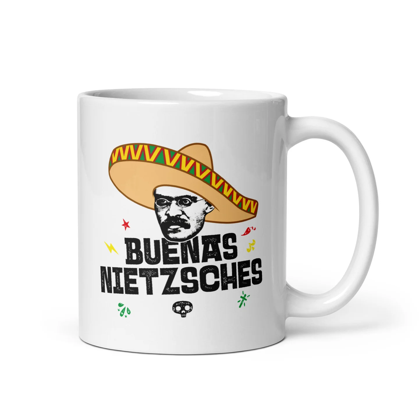 Caneca Buenas Nietzsches com a frase "Buenas Nietzsches"
