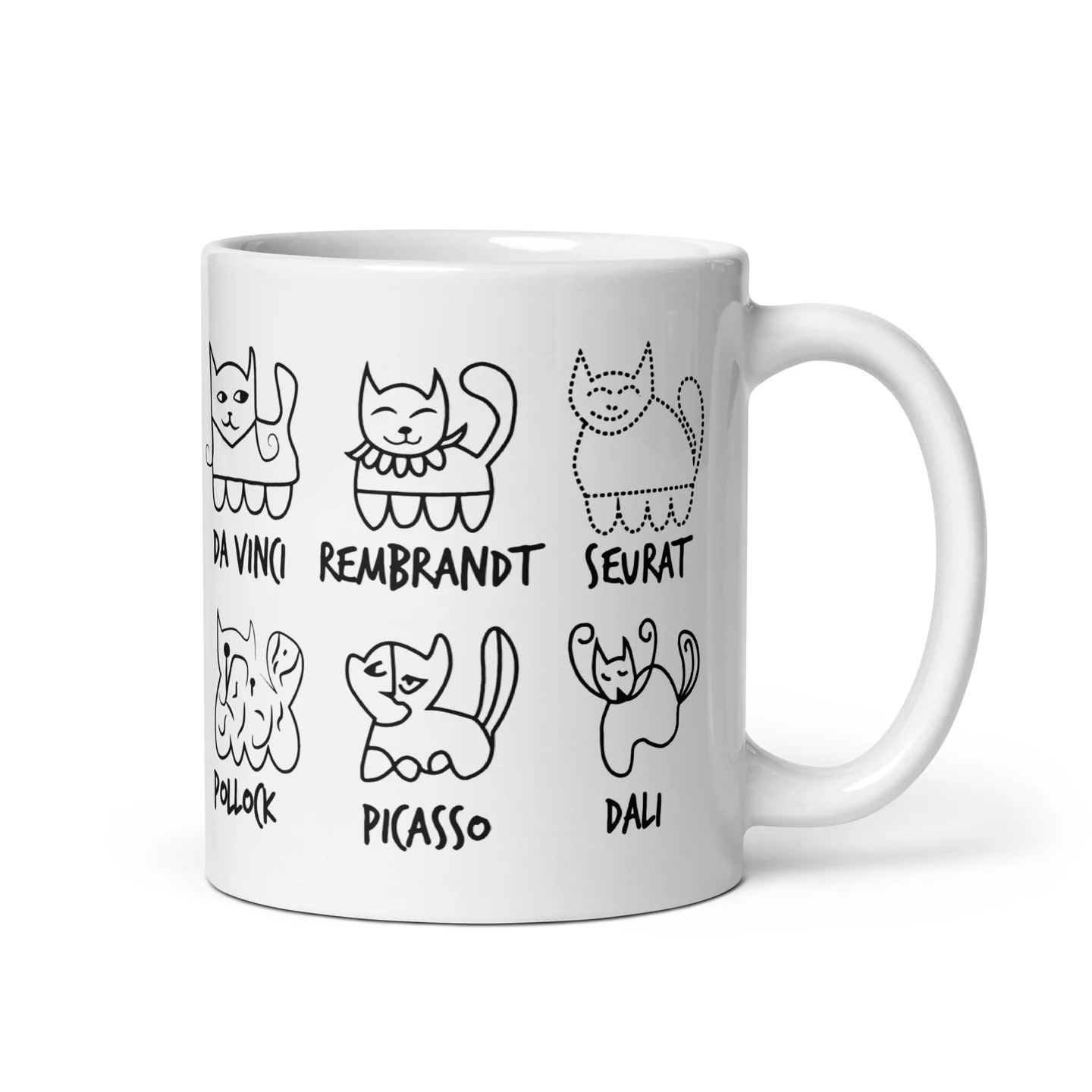 Caneca Gatos por Artistas com a frase "Da Vinci, Rembrandt, Seurat, Pollock, Picasso, Dalí"
