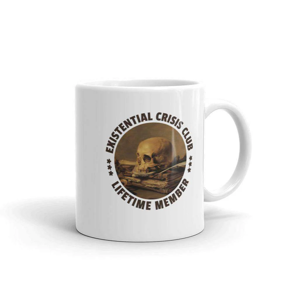 Caneca Existential Crisis Club com a frase "Existential Crisis Club — Lifetime Member"
