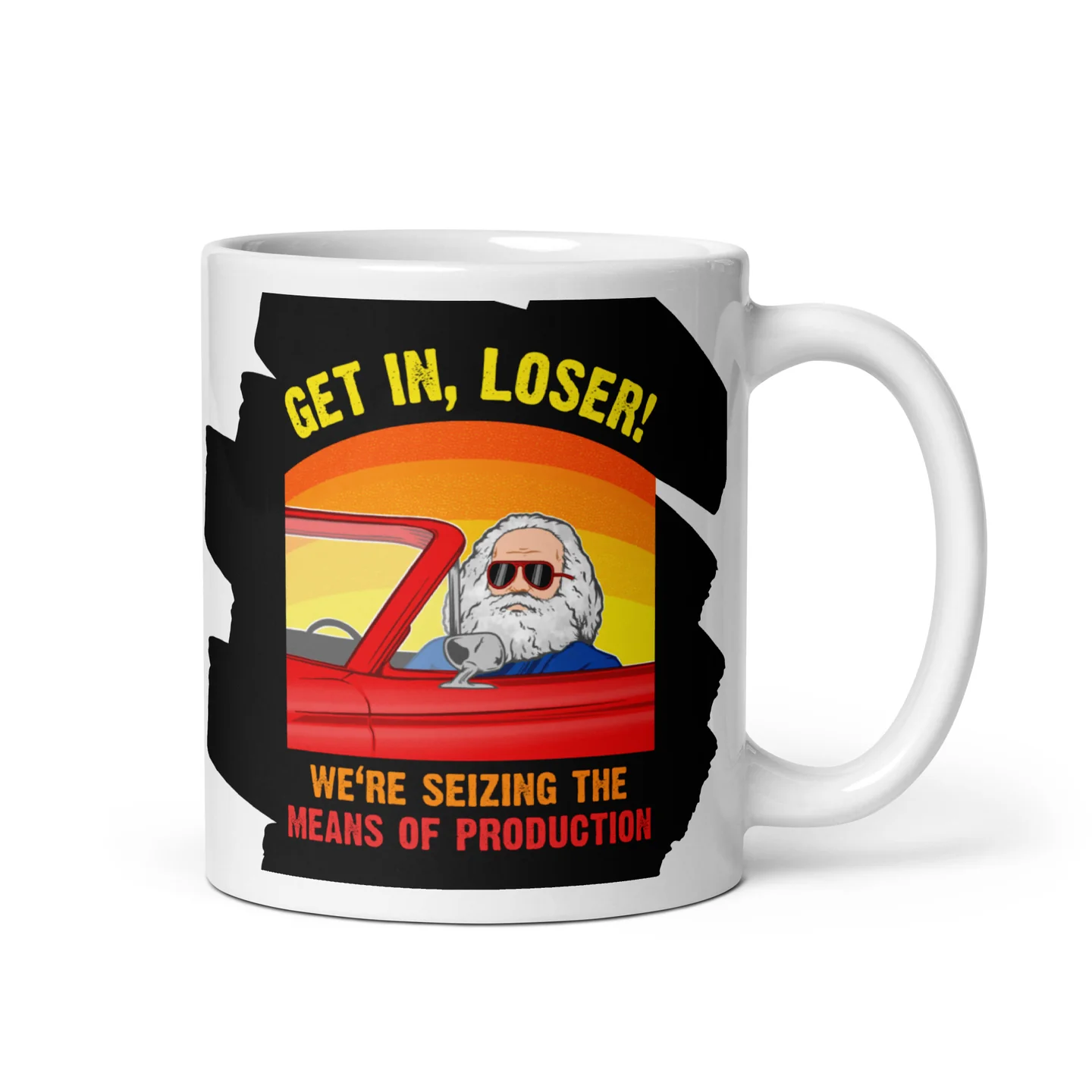 Caneca Karl Marx — Get In, Loser com a frase "Get in, loser! We're seizing the means of production"