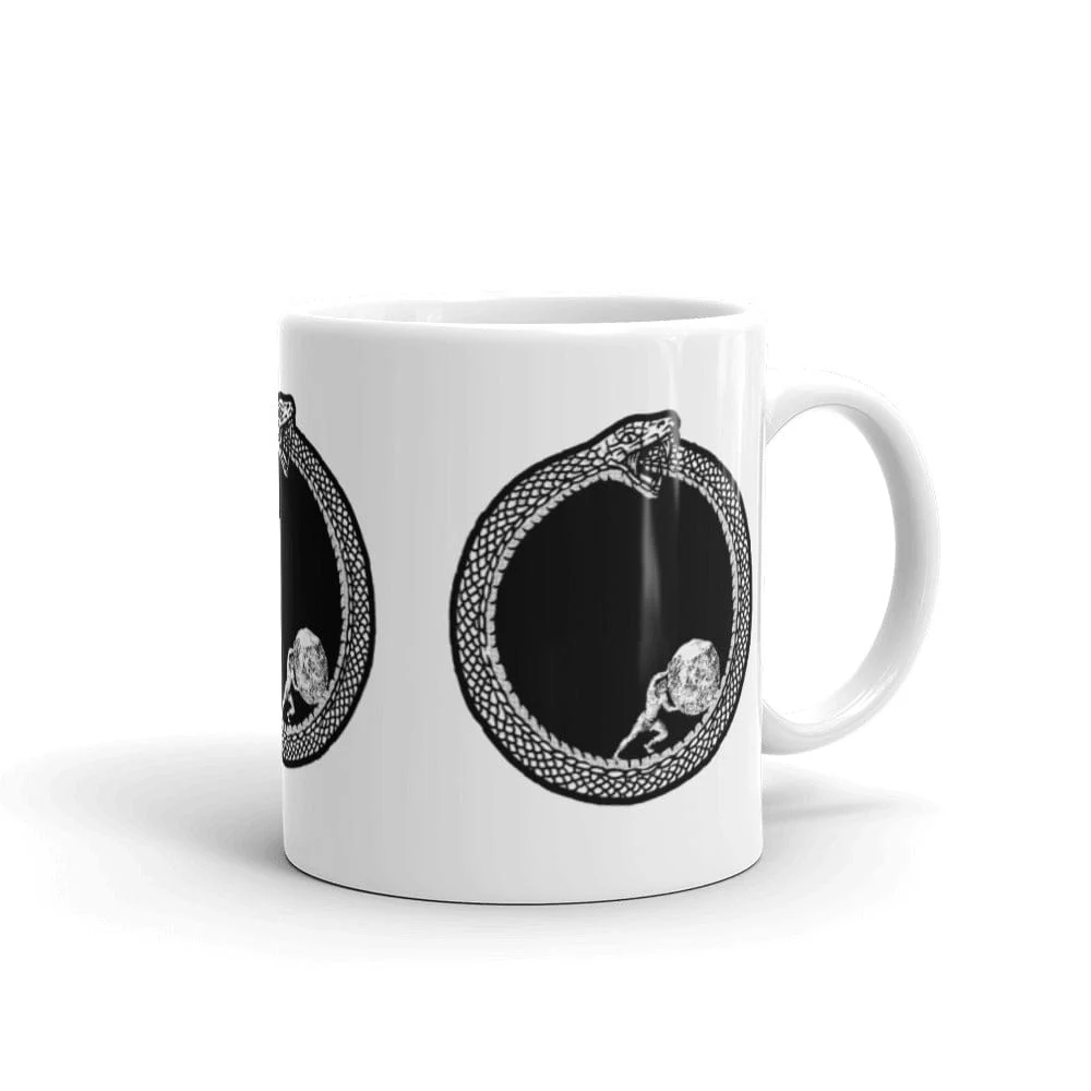 Caneca Sísifo no Ouroboros com a frase "Sísifo no Ouroboros"